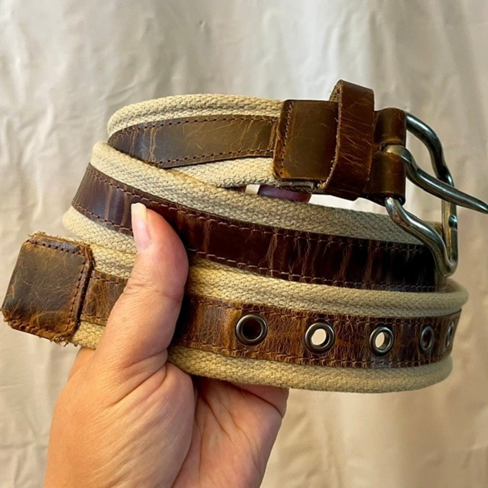 Vintage Fossil Mens Belt Brown Leather Canvas Made in USA Size 38 FGM37L01-095